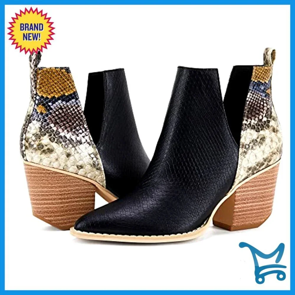 Pointed Toe Stacked Heel Ankle Booties V Cut Back Zipper Faux Leather